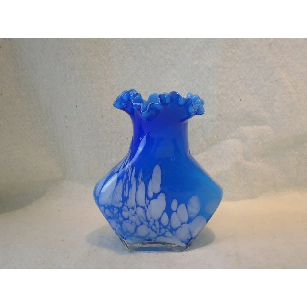 Vase, Vintage Art Blown Glass Ruffled edge design Sky blue boho floral